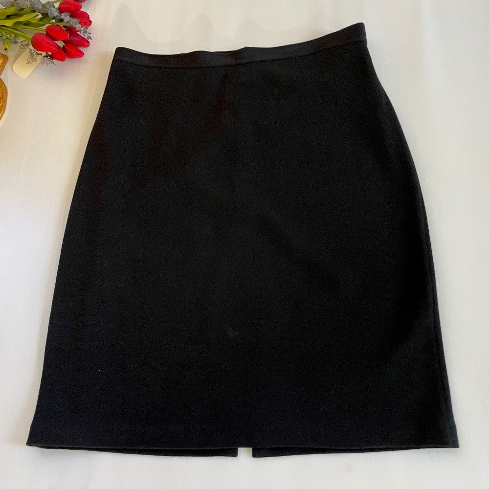 St John Caviar Womens 8 Black Wool Rayon Knit Pencil Skirt Knee Length Back Slit